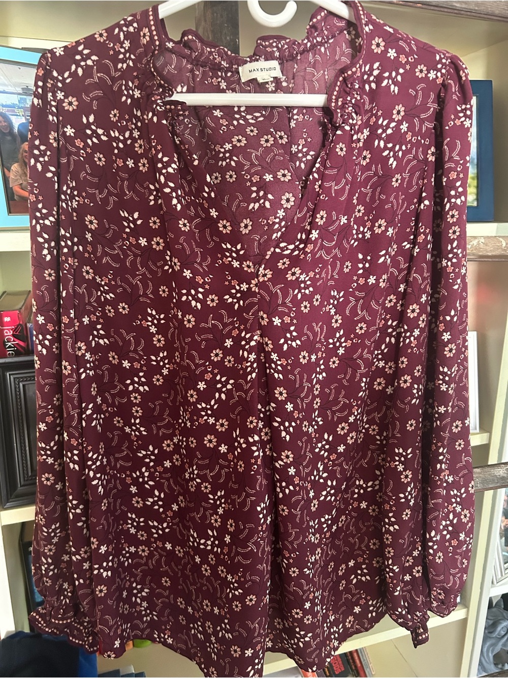 Max Studio Burgundy Floral V-Neck Ruffle Blouse